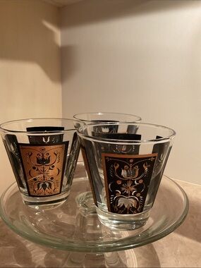 Dominion Glass Black & Gold Tulip Print Design Drinking Glasses